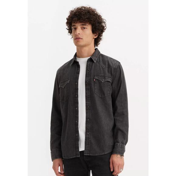 Levi's Mens Barstow Classic Western Denim Pearl Snap Shirt Rodeo Black Sz M - Picture 1 of 13